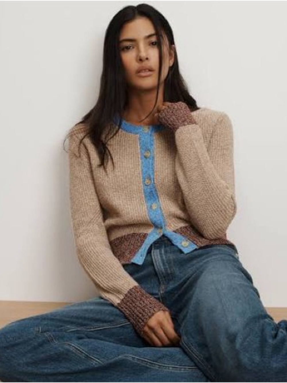 NWT Veronica Beard Ibra Beige Cardigan with Blue Trim and Brown Cuffs